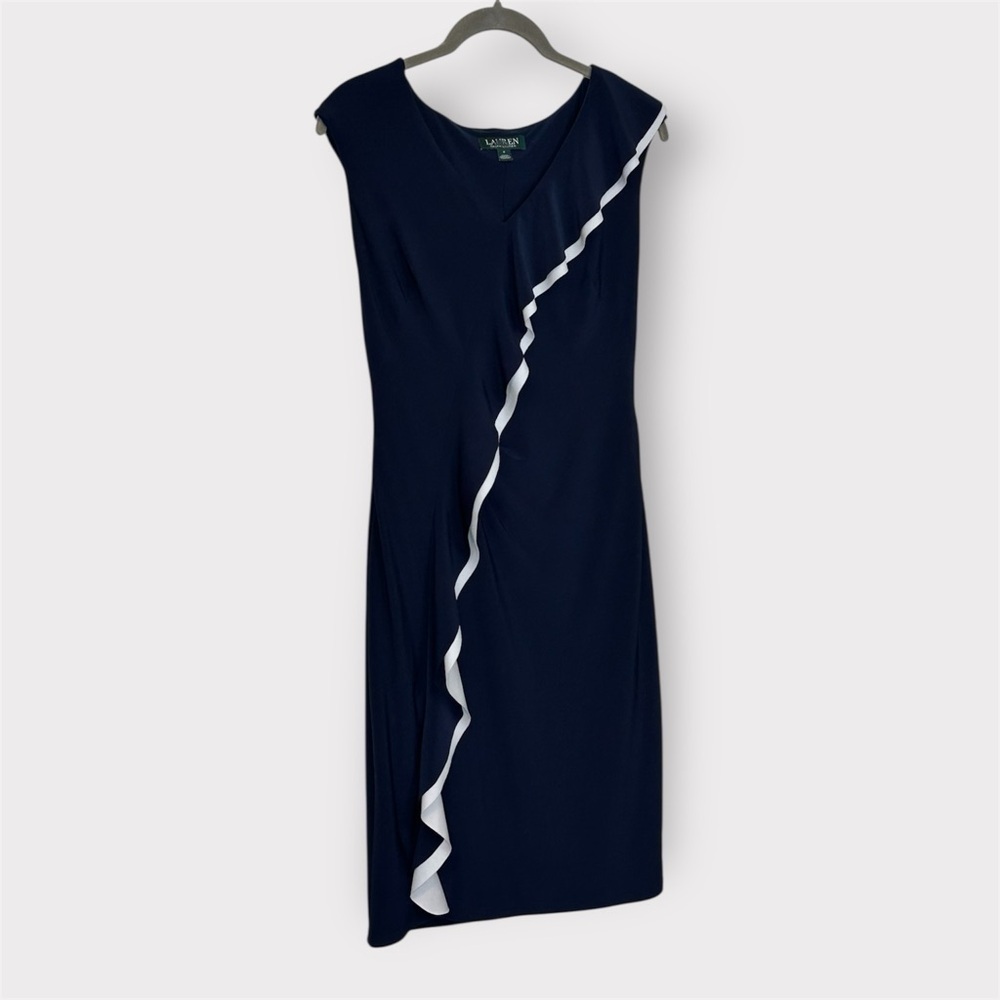 Lauren Ralph Lauren Navy Blue White Ruffle Classic Preppy Mini Dress- Size 2 - Picture 4 of 8